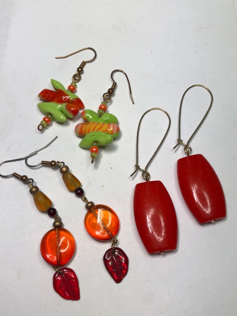 3 pairs earrings lot red green art glass handmade